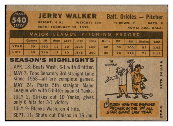 1960 Topps Baseball #540 Jerry Walker Orioles EX-MT 531209