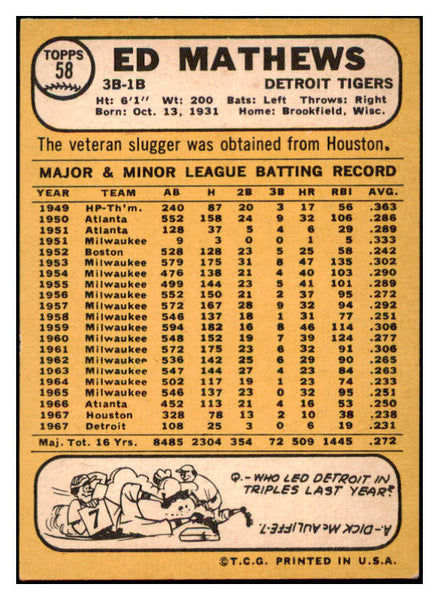 1968 Topps Baseball #058 Eddie Mathews Tigers NR-MT 531293
