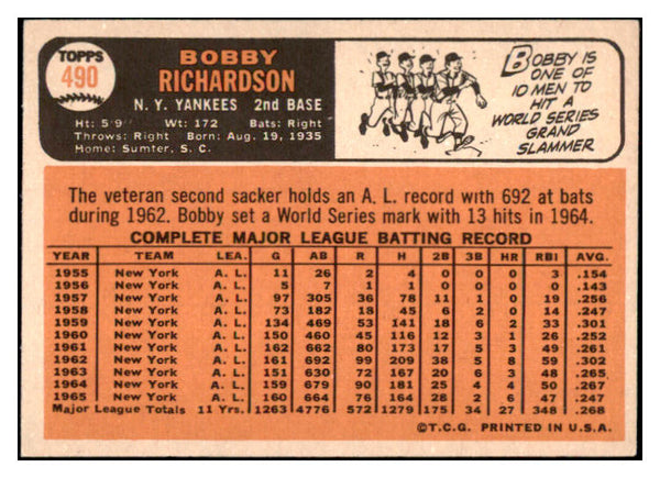 1966 Topps Baseball #490 Bobby Richardson Yankees EX 531303