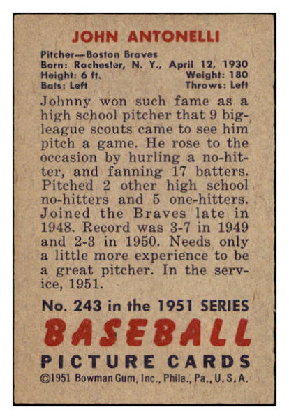 1951 Bowman Baseball #243 John Antonelli Braves EX-MT 531347