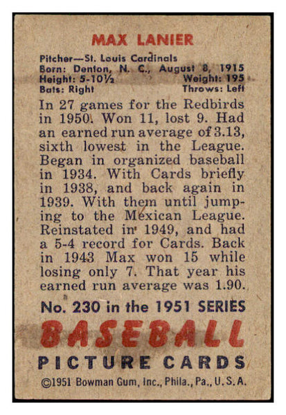 1951 Bowman Baseball #230 Max Lanier Cardinals EX-MT 531396