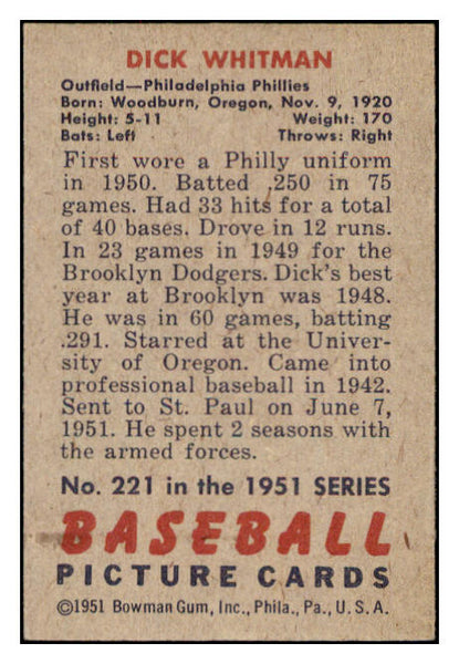 1951 Bowman Baseball #221 Dick Whitman Phillies EX-MT 531399
