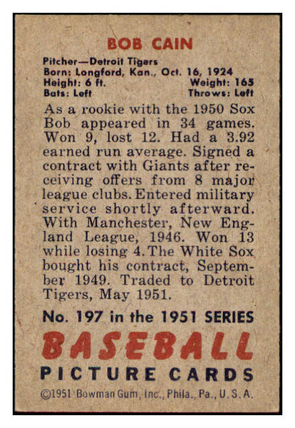 1951 Bowman Baseball #197 Bob Cain Tigers EX-MT 531404