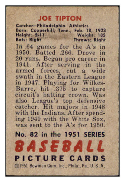 1951 Bowman Baseball #082 Joe Tipton A's EX-MT 531409