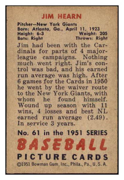 1951 Bowman Baseball #061 Jim Hearn Giants EX-MT 531413