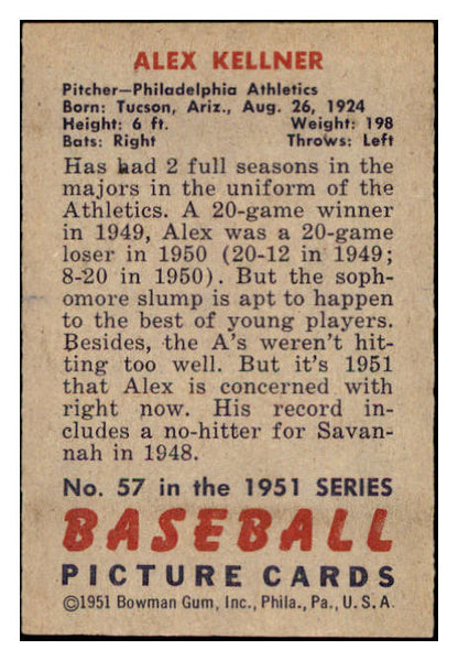 1951 Bowman Baseball #057 Alex Kellner A's EX-MT 531414