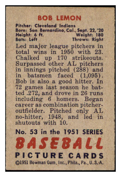 1951 Bowman Baseball #053 Bob Lemon Indians EX-MT 531423