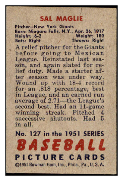 1951 Bowman Baseball #127 Sal Maglie Giants EX-MT 531426