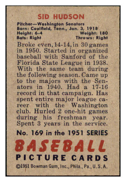 1951 Bowman Baseball #169 Sid Hudson Senators EX-MT 531438