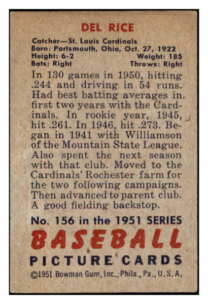 1951 Bowman Baseball #156 Del Rice Cardinals EX-MT 531443