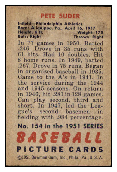 1951 Bowman Baseball #154 Pete Suder A's EX-MT 531445