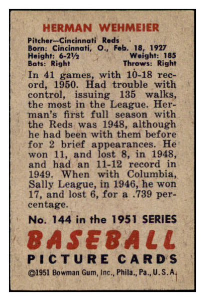 1951 Bowman Baseball #144 Herman Wehmeier Reds EX-MT 531449