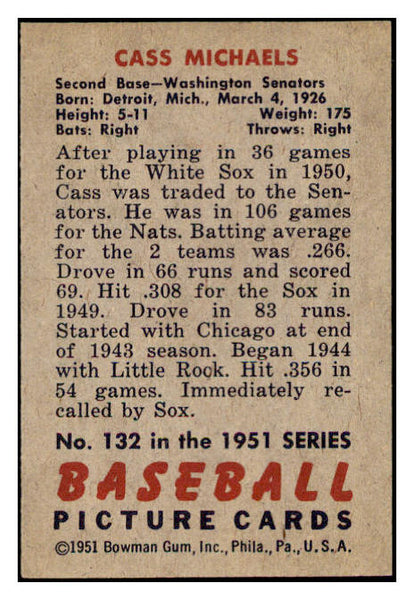 1951 Bowman Baseball #132 Cass Michaels Senators EX-MT 531452