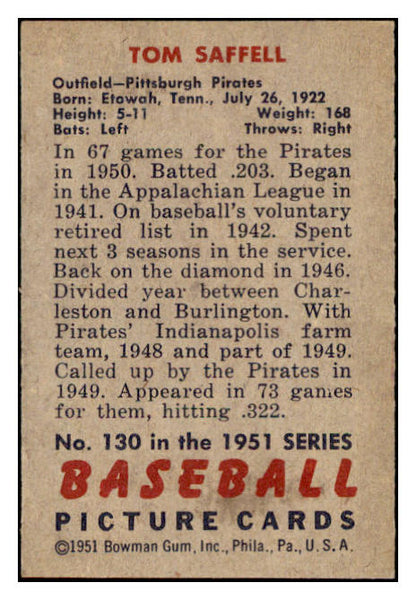 1951 Bowman Baseball #130 Tom Saffell Pirates EX-MT 531453
