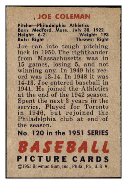 1951 Bowman Baseball #120 Joe Coleman A's EX-MT 531456