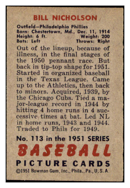 1951 Bowman Baseball #113 Bill Nicholson Phillies EX-MT 531460