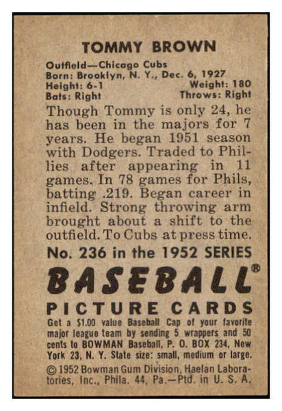 1952 Bowman Baseball #236 Tommy Brown Cubs EX-MT 531503