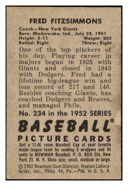 1952 Bowman Baseball #234 Fred Fitzsimmons Giants EX-MT 531504