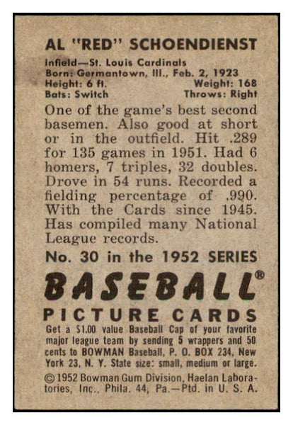 1952 Bowman Baseball #030 Red Schoendienst Cardinals EX-MT 531542