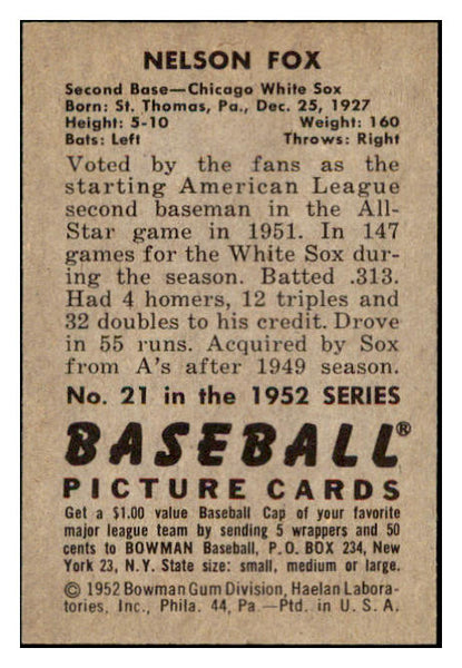 1952 Bowman Baseball #021 Nellie Fox White Sox EX-MT 531544