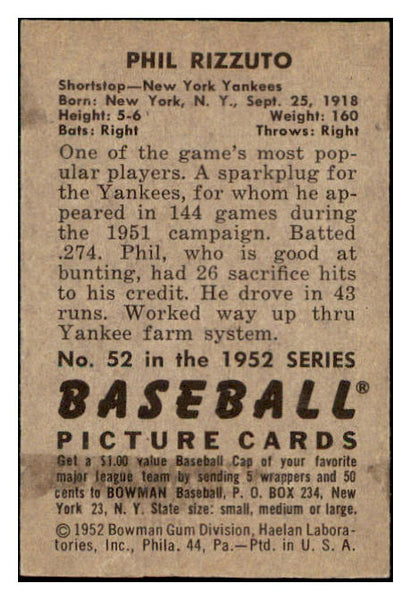 1952 Bowman Baseball #052 Phil Rizzuto Yankees EX-MT 531547