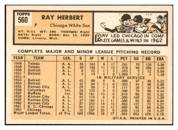1963 Topps Baseball #560 Ray Herbert White Sox EX-MT 531591