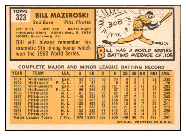 1963 Topps Baseball #323 Bill Mazeroski Pirates EX-MT 531638