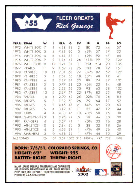 2001 Fleer Greats #055 Goose Gossage Yankees Signed Autographed 531884