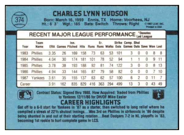 1988 Donruss #374 Charles Hudson Yankees Signed Autographed 531890