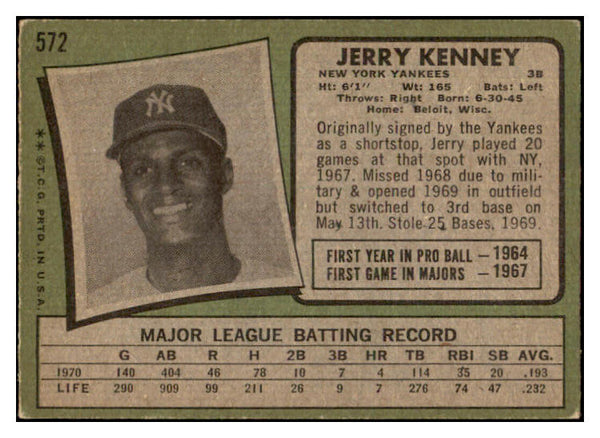 1971 Topps #572 Jerry Kenney Yankees Signed Autographed 531892
