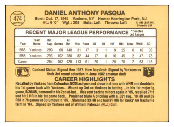 1987 Donruss #474 Dan Pasqua Yankees Signed Autographed 531909