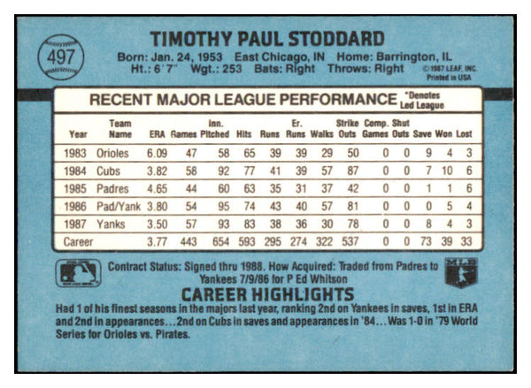 1988 Donruss #497 Tim Stoddard Yankees Signed Autographed 531917
