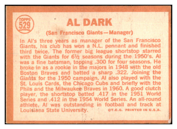 1964 Topps #529 Al Dark Giants Signed Autographed 531940