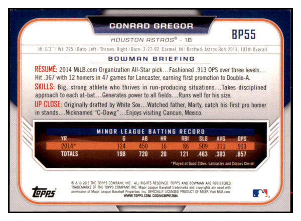 2015 Bowman Draft #BP55 Conrad Gregor Astros Signed Autographed 531951