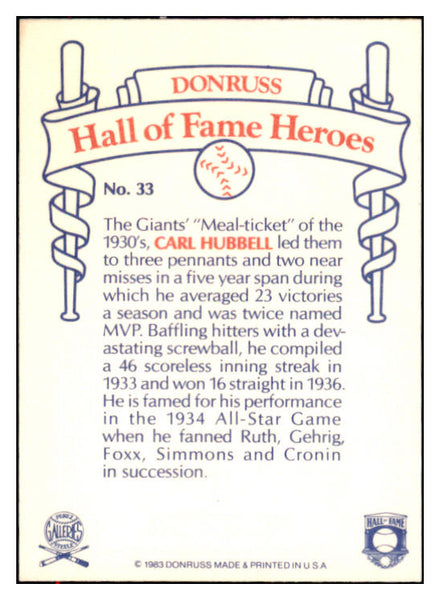 1983 Donruss Heroes #033 Carl Hubbell Giants Signed Autographed 531955