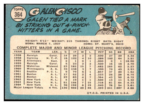 1965 Topps #364 Galen Cisco Mets Signed Autographed 532020
