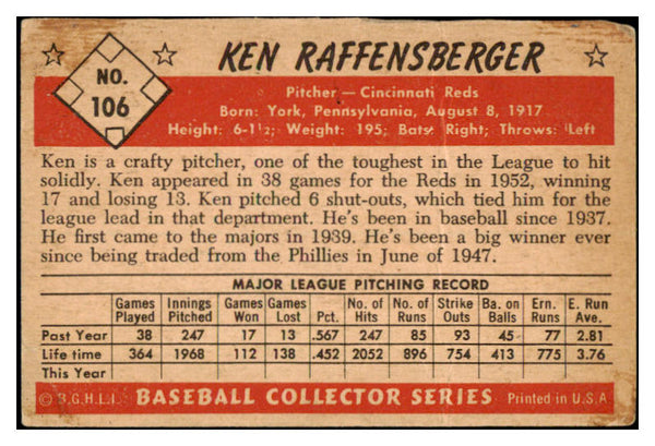 1953 Bowman #106 Ken Raffensberger Reds Signed Autographed 532109
