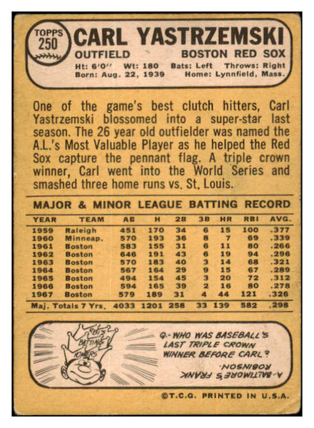 1968 Topps Baseball #250 Carl Yastrzemski Red Sox VG 532193