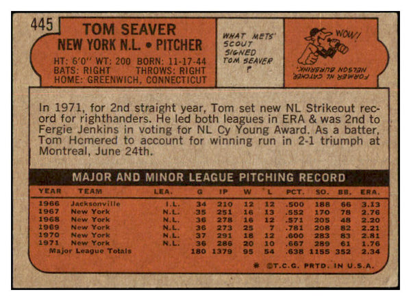 1972 Topps Baseball #445 Tom Seaver Mets VG-EX 532196