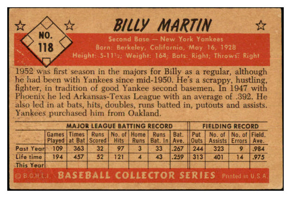 1953 Bowman Color Baseball #118 Billy Martin Yankees VG-EX 532261