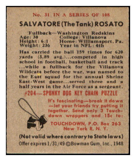 1948 Bowman Football #031 Salvatore Rosato Washington VG 532291