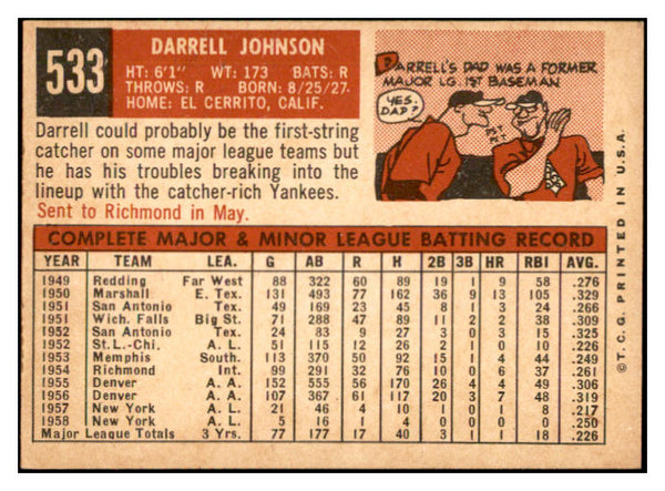 1959 Topps Baseball #533 Darrell Johnson Yankees EX-MT 532411