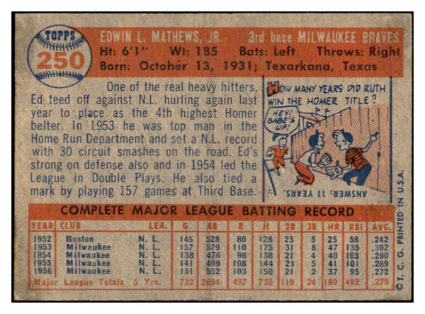 1957 Topps Baseball #250 Eddie Mathews Braves EX-MT 532437