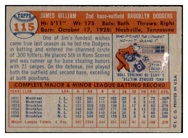 1957 Topps Baseball #115 Jim Gilliam Dodgers VG 532465
