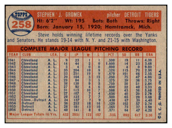 1957 Topps Baseball #258 Steve Gromek Tigers EX-MT 532566