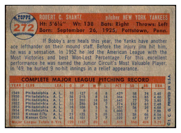 1957 Topps Baseball #272 Bobby Shantz Yankees EX-MT 532577