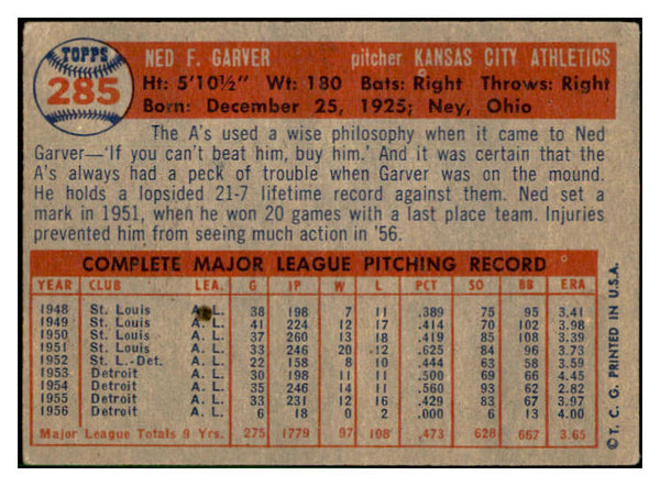 1957 Topps Baseball #285 Ned Garver A's EX-MT 532582