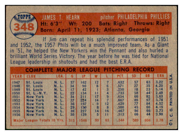 1957 Topps Baseball #348 Jim Hearn Phillies VG-EX 532584