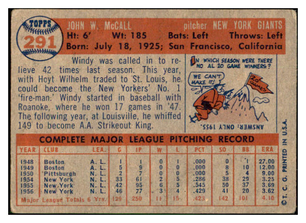 1957 Topps Baseball #291 Windy McCall Giants VG-EX 532586