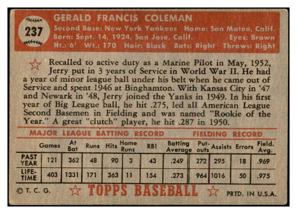 1952 Topps Baseball #237 Jerry Coleman Yankees Good 532605